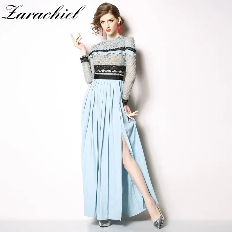 Spring Runway Pleated Long Women Lace Flower Crochet Ruffles Patchwork Hollow Out High Split Maxi Party Dress 210416