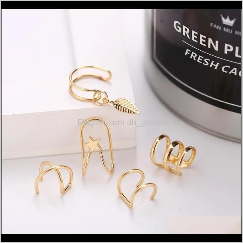 5pcs/set ear cuff gold/silver leaves non-piercing ear clips fake cartilage earring jewelry for women men