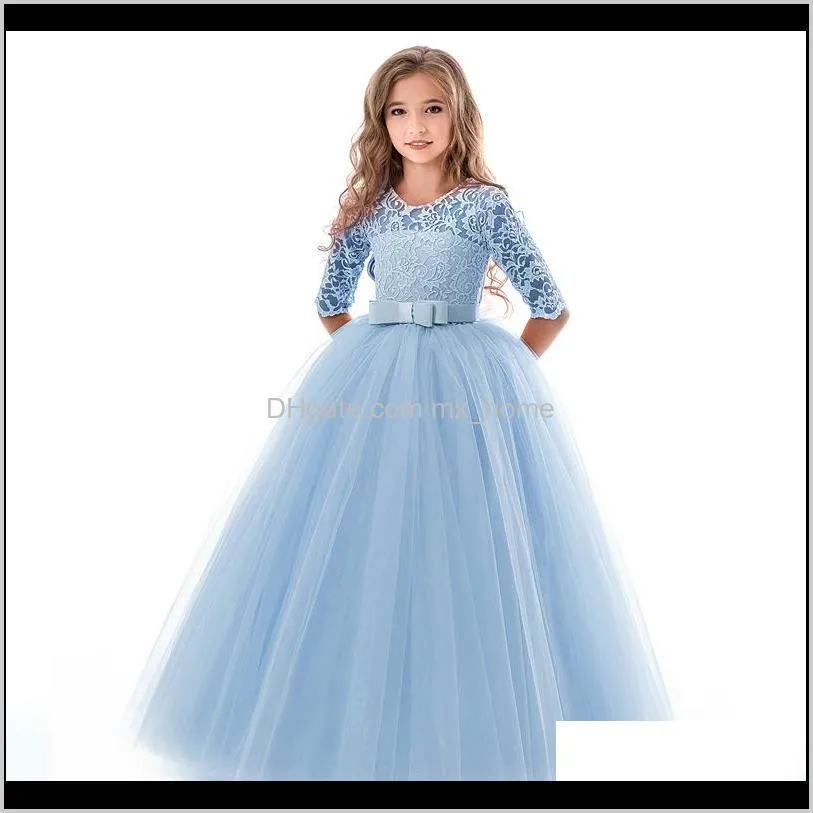 kids girls princess dresses 5+ hollow bow tie lace wedding dress mesh dress kids girls party tutu dress 5-10t