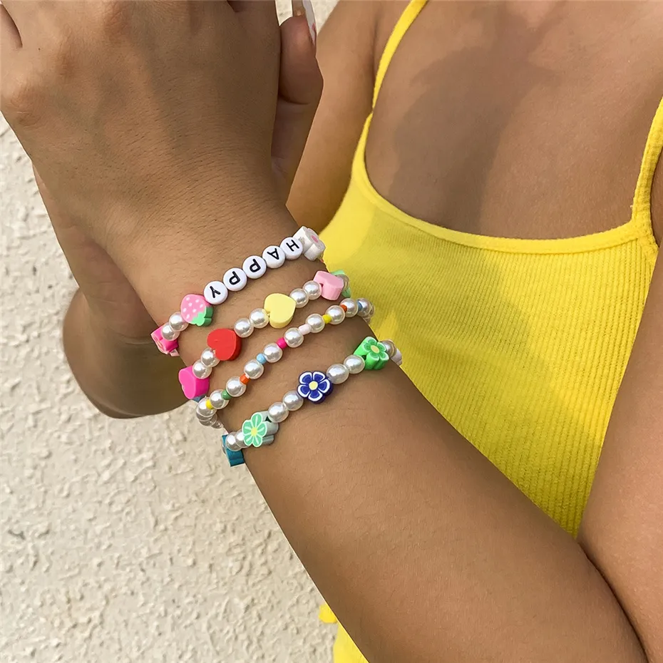 2021 kpop imitação pérola coração pulseira de flores para as mulheres amizade pulseras strand charme frisado elástico corda jóias