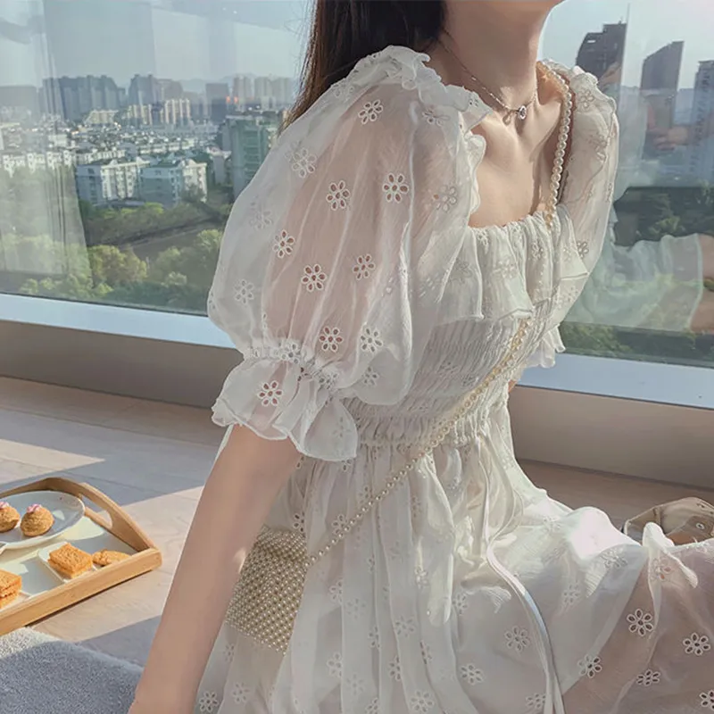 Lucyever Summer White Puff Sleeve Chiffon Dress Women Korean Square Neck  Above Knee from Dhgate Basic & Casual Dresses - price 42.77