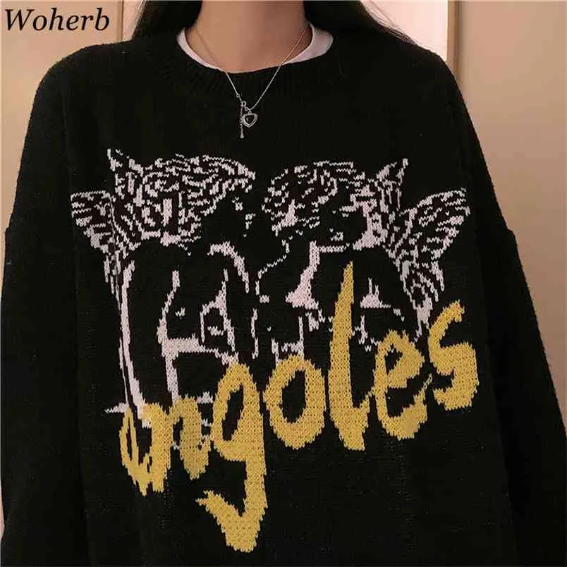 Stylish Vintage Sweater Jumpers for Women Harajuku Streetwear Autumn Winter Angel Print Female Knitted Pullovers 210519