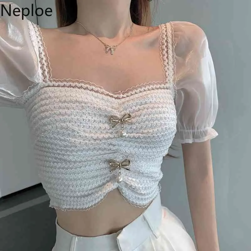 NEPLOE Femmes Blouse Blouse Blouse Slim Shirts Summer Coréen Fashion Blusas Sexy Patchwork Gauze Crop Tops 4I681 210422