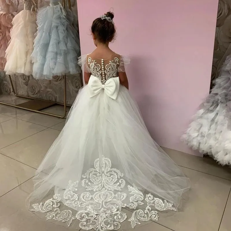 2018 White Lace Applique Mini Long Sleeve Wedding Gown With Sheer Long  Sleeves And Tulle Ball Gown For Flower Girls And Baby Pageants At  Affordable Prices From Sexypromdress, $58.3 | DHgate.Com