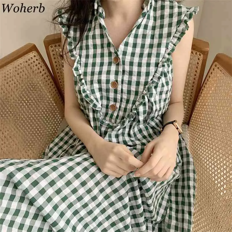 Szata Mujer Vintage Patchwork Plaid Drukuj Kobiety Sukienka Koreański Lato V Neck Bez Rękawów Ruffles Maxi Dresses 4L270 210519