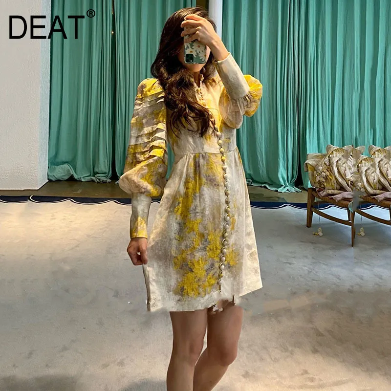 Women Yellow Ink Printing Single Breasted Dress Stand Collar Long Sleeve Loose Fit Fashion Tide Spring 7D00723 210421