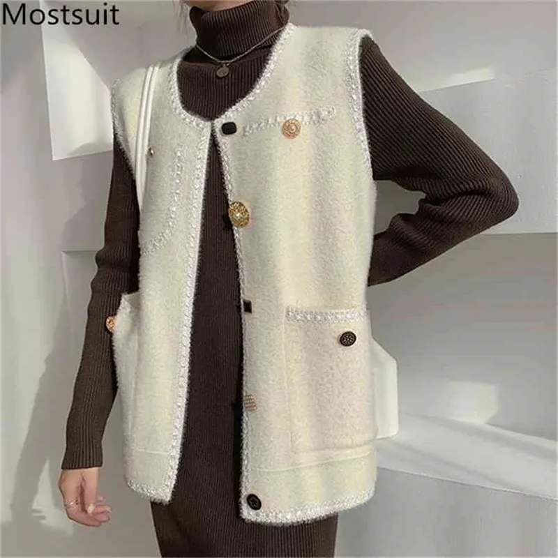 Faux mink bont vrouwen vest winter mouwloze single breasted o-hals zakken mode dames vintage jas femme 210513