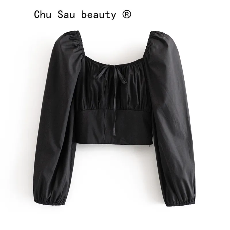 Beauty Women Vintage Solid Color Elastic Long Sleeve Shirt Lace Lantern Casual Square Collar Slim Top 210514