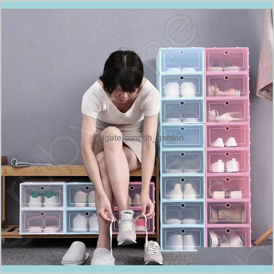 Bins Housekeeping Organization Home Garden Thicken Clear Plastic Dustproof Storage Transparent Shoe Boxes Candy Color Stackable Shoes