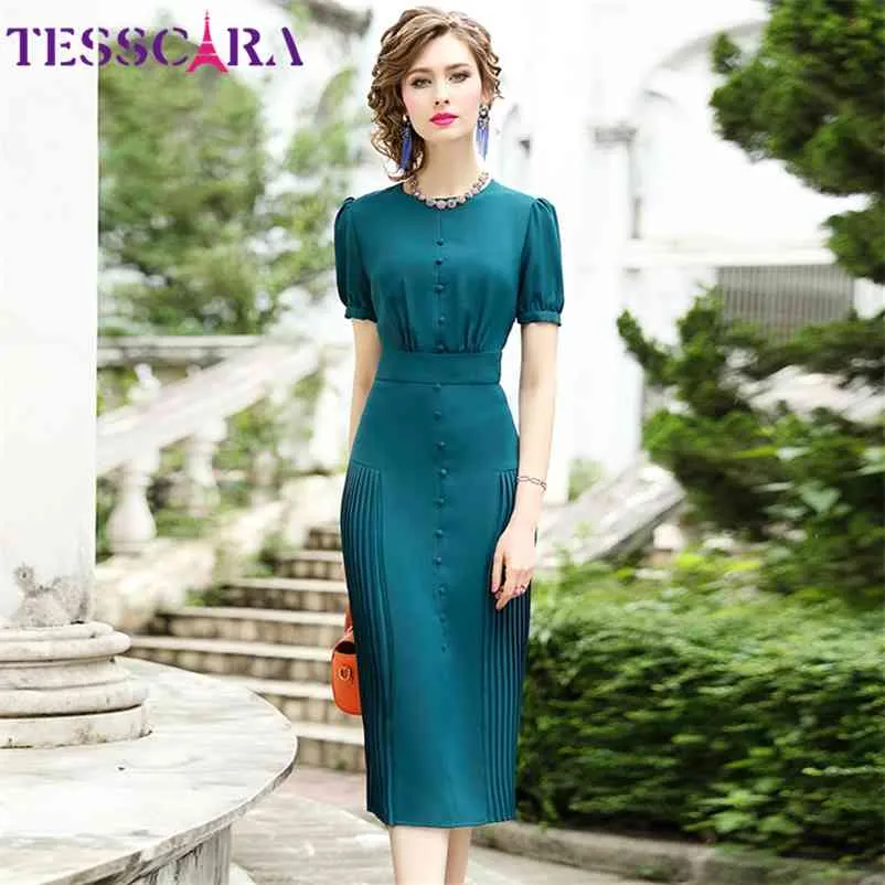 Tesscaraの女性の夏のエレガントなドレス女性のelear Office Lady Robe Femme Vintage Designer高品質の長い偶数部vestidos 210331