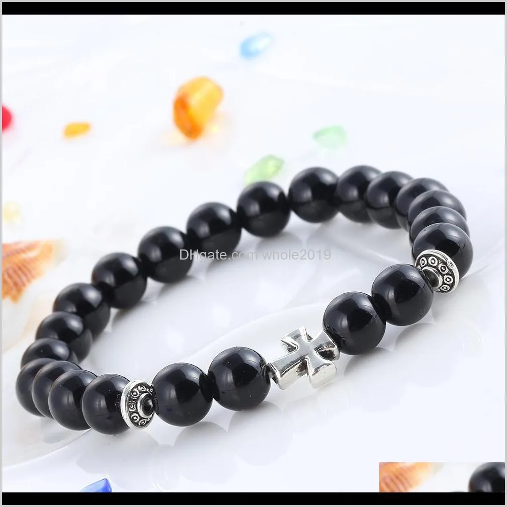 hot frosted matte natural obsidian onyx cross round hand string of prayer beads bullet bracelet fashion jewelry