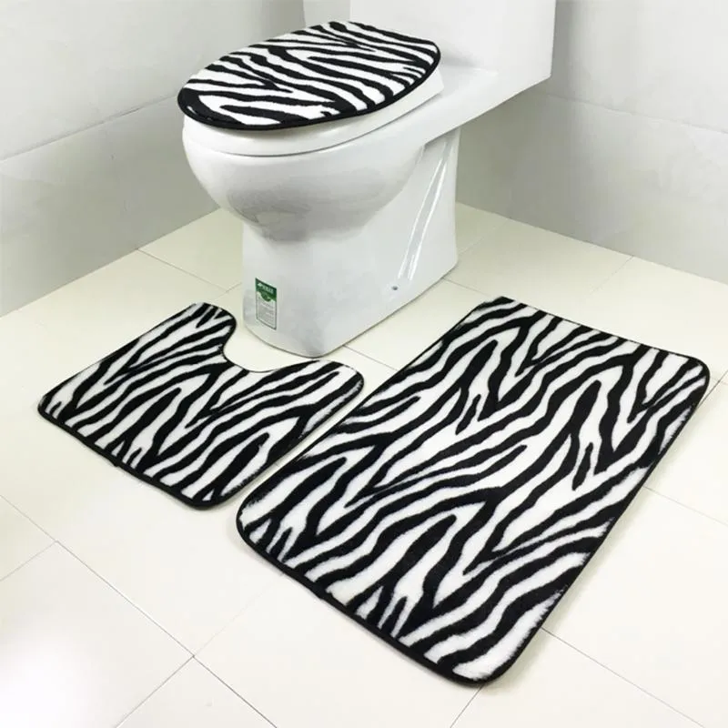 카펫 3pcs / 세트 플란넬 얼룩말 패턴 비 슬립 욕실 매트 세트 목욕 깔개 윤곽선 화장실 뚜껑 덮개 홈 장식
