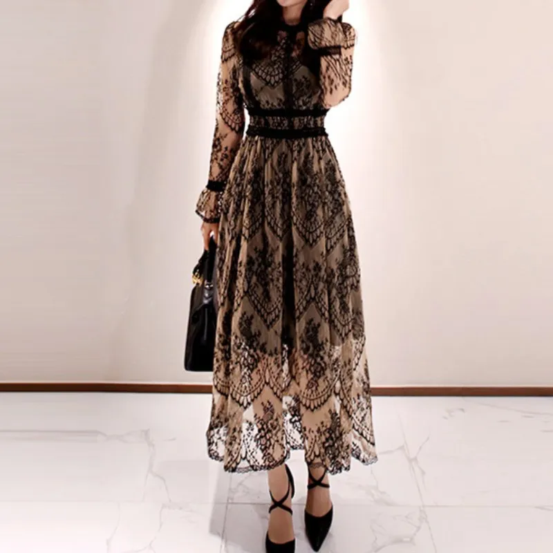 2021 Spring Elegant Sexy Dress Women Vintage Lace Long Sleeve O-Neck Robe Femme OL High Waist Casual Slim Party Dresses