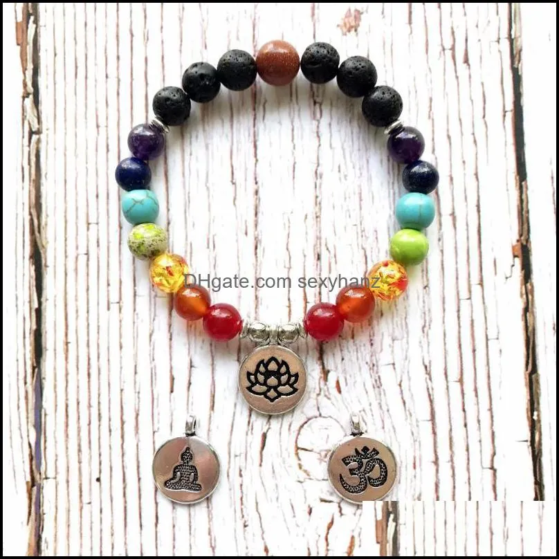 Chakra Natural Lava Stone Bracelet Fashion Lotus OM Buddha Mala Beads Bracelets Yoga Gift For Friend Beaded, Strands