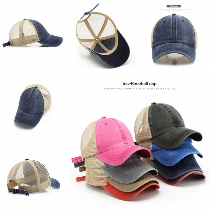 7 colores cola de caballo sombreros hombres mujer malla lavada gorra de béisbol deportes al aire libre ajustable protección solar gorras de red CYZ3097 45 piezas