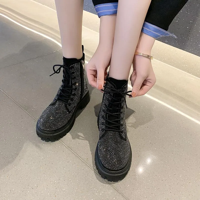 Women Shoes Boots Crystal Platform اللامع جولة إصبع القدم الدانتيل في الكاحل حتى الربعات القصيرة القصيرة السميكة Mujer 18622