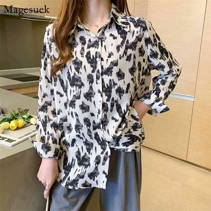 Jesień luźne Streetwear Koreański Ubrania Z Długim Rękawem Bluzka Leopard Vintage Kobieta Koszula Kobiety Drukuj Biuro Lady Blusas 10543 210518