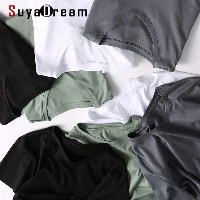 Suyadream mens fast t-shirts bomull och silke mix slätt o neck kortärmad tröja sommar grunden topp 210706