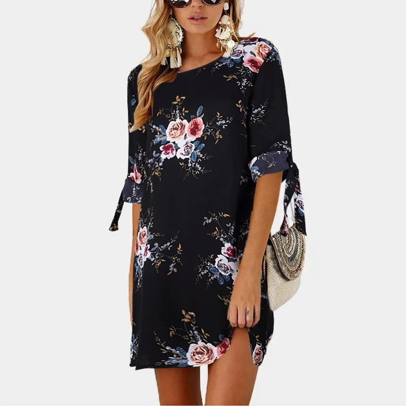 Joco jole kvinnor boho stil blommig print chiffong klänning sommar strand klänningar lös mini fest klänning tunika sundress plus storlek 5xl 210518