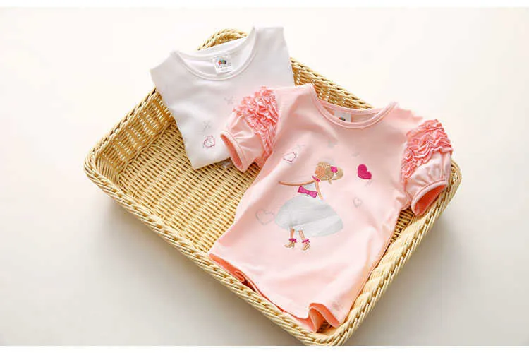 Girls Clothes Summer 100% Cotton Yellow Pink Solid Color Bow Heart Embroidery Princess Short Sleeve O-Neck Girl T-Shirt (5)