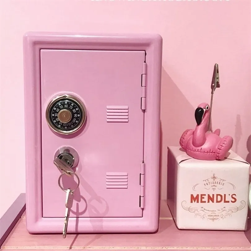 W&G Ins Safe Box Pink Decorative Savings Piggy Bank Metal Iron Mini Dormitory Storage Cabinet Money Kawaii 210914