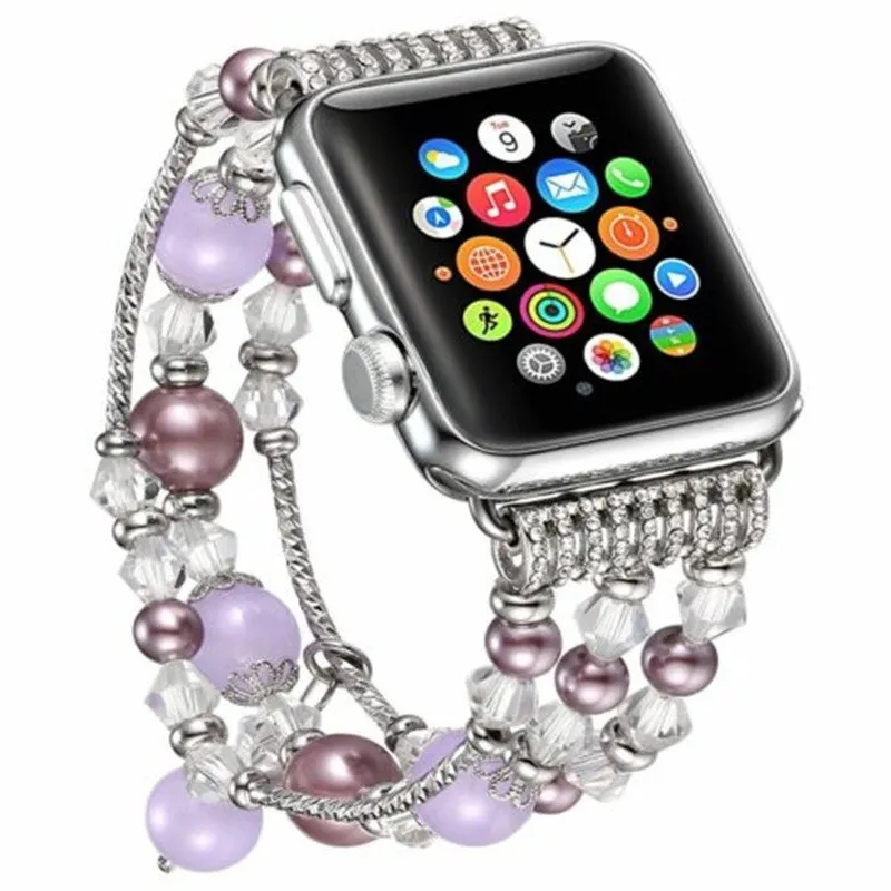 Pearl Watchband Smart Bandjes voor Apple Horloge Band Elastische Stretch Strap Iwatch 7 6 5 4 3 2 1 Sieraden Polsband 38mm / 40mm / 42mm / 44mm Agate Stone Watchband Connector