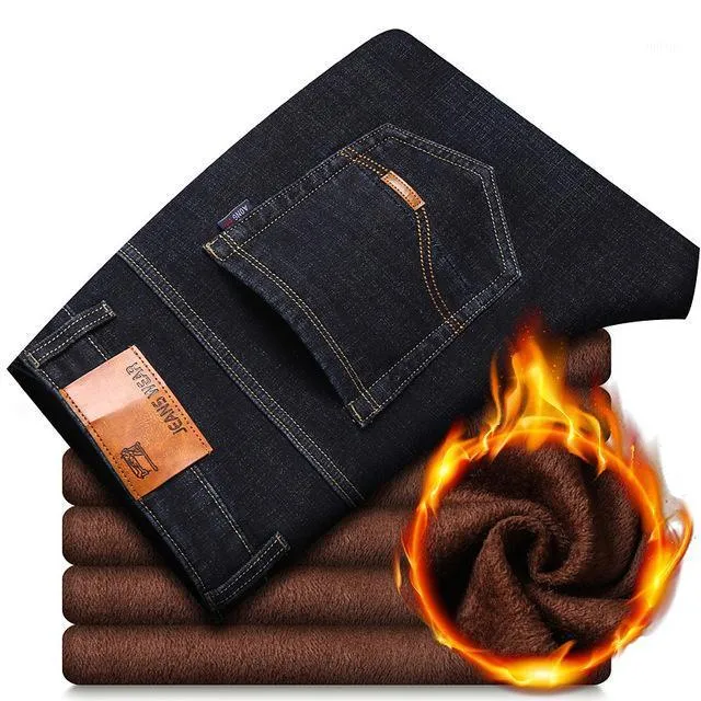 Jeans masculinos homens inverno mais grosso lã quente denim preto negócios calças casuais de alta qualidade masculino estiramento reto ajuste longo