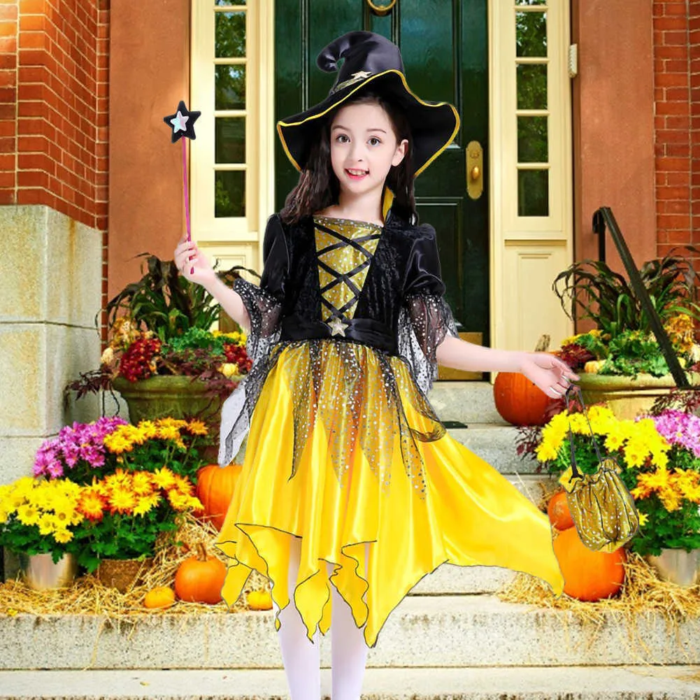 2021 Nowe Dzieci Dziewczyny Halloween Cosplay Witch Costume Dress Up Prom Girl Elf Suit Spódnica Party ES Y0913