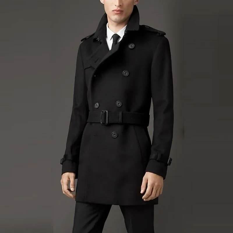 남성 양모 혼합 망 패션 더블 브레스트 중간 긴 트렌치 코트 비즈니스 남자 벨트 슬림 맞는 군사 방풍기 chaqueta