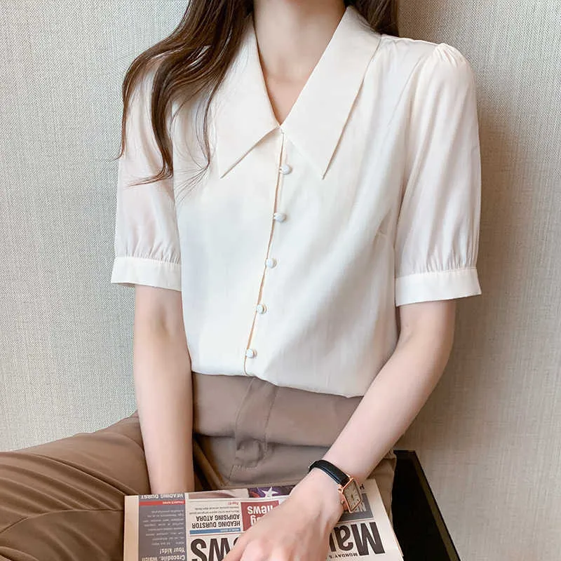 Verano Coreano Moda Seda Mujeres Blusas Satin Office Lady Camisa y blusa Sólido Mujer Blusas Plus Tamaño XXL Tops 210531