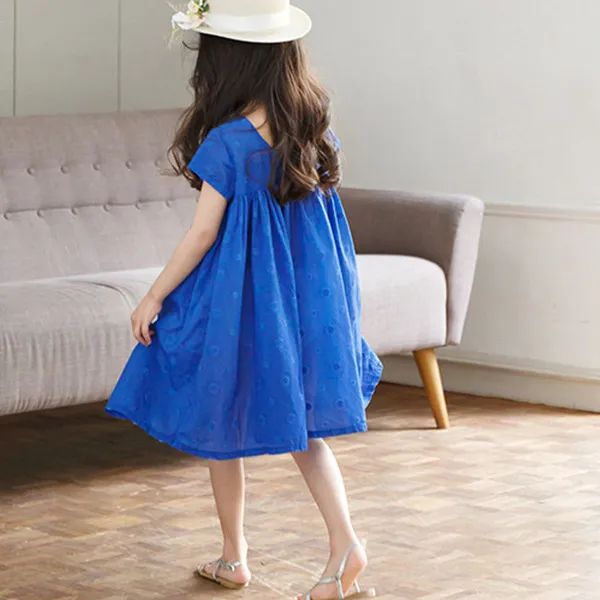Blue Backless Button Cotton Princess Dress For Girls Summer 2019  