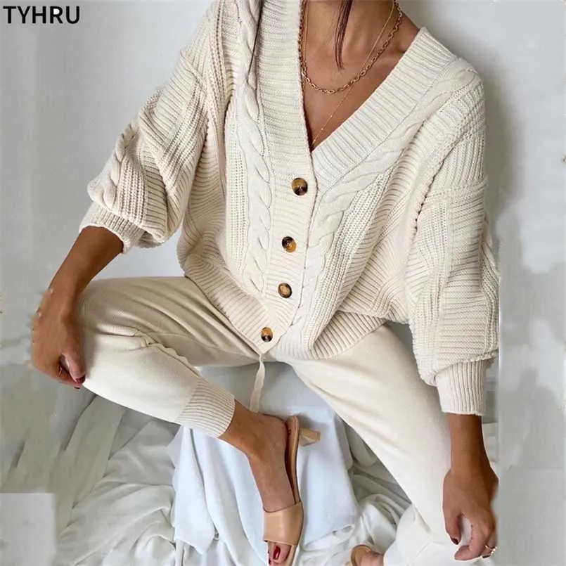 Tyhru Kvinnor Knitting 2-stycken Sweater Suit Hemp Flower V-Neck Single-Breasted Cardigan + Byxor Lady Winter Sweater Set 211007