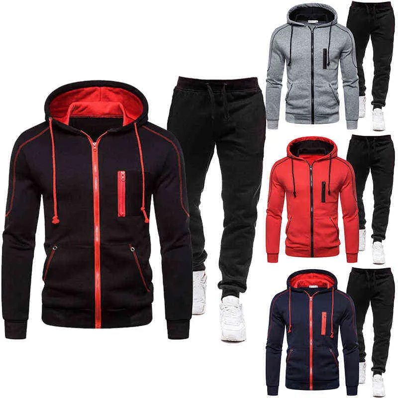 Nova Moda Marca Tracksuit Mens Casual Zipper Jacket e Preto Pant Sportsuit Algodão Zipper Hoodie Outfit Terno Y1221