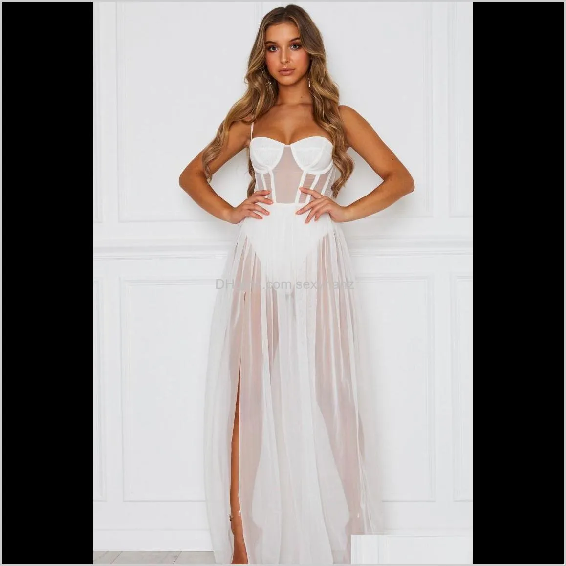 2021 summer split long dress women sexy hot thin mesh underwear nightdress two-piece beach dress 2021