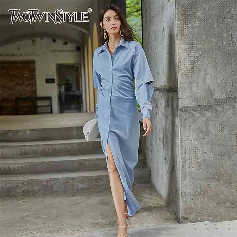 Hollow Out Tunic Koszula Sukienka Dla Kobiet Lapel Z Długim Rękawem Wysoka Talia Split Maxi Dresses Female Fall Fashion 210520