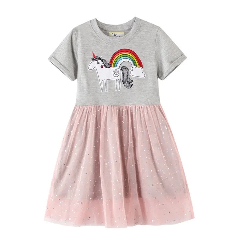 Jumping Meters Top Marke Einhorn Prinzessin Tutu Kleider Baumwolle Tiere Mädchen Kleidung Sommer Spitze Regenbogen Kinder Kleid 210529