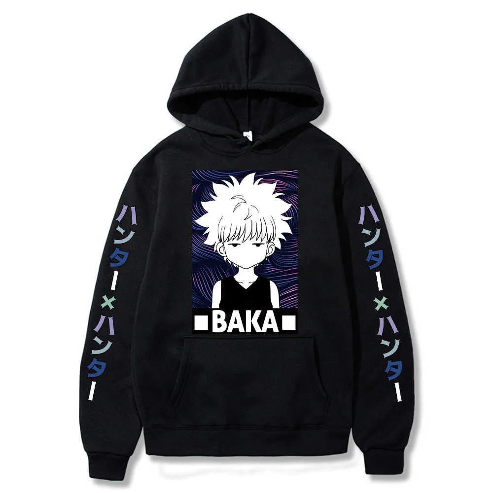 Hunter x caçador bonito anime impresso hoodie mulher 2021 conforto killua baka harajuku casual hoodies moda lace-up mulheres hoody y0727