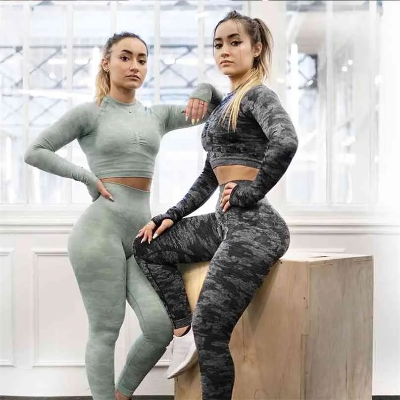 Camouflage Fitness Costume Gym Vêtements Tenue pour femmes Sport sans couture Ensemble Camo Entraînement Vêtements Yoga Vert Activewear 210802