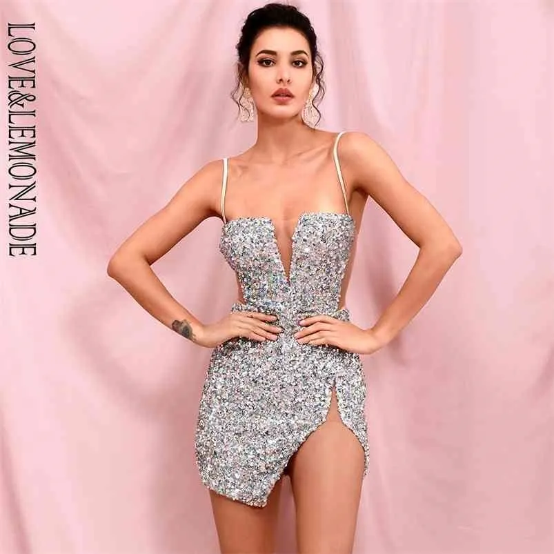 LOVE LEMONADE Sexy Tube Top Silver Cut Out Stretch Sequin Bodycon Party Mini Robe LM82289 210623