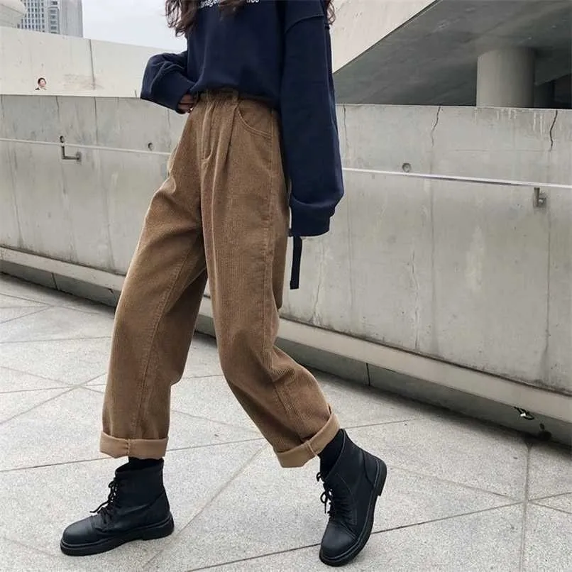 Houzhou mulheres outono corduroy carga calças elástico cintura vintage harajuku coreano calças casuais feminino 90s streetwear 211216