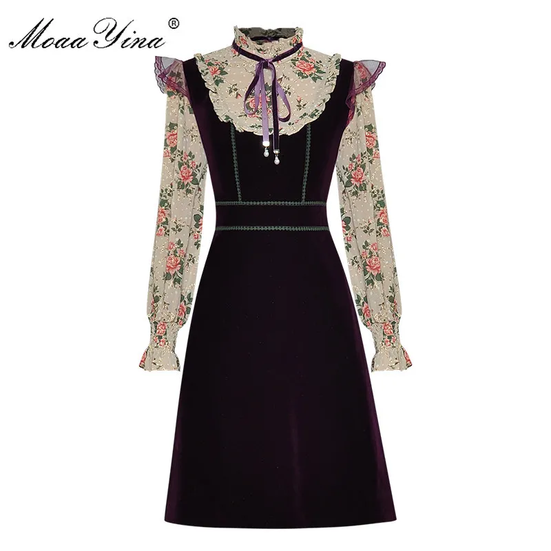 Mode Designer Dress Spring Women's Dress Stand Collar Broderi Ruffles Floral-Print Långärmad Velvet Klänningar 210524