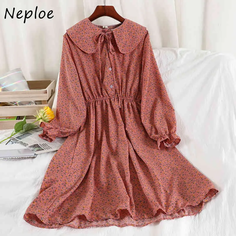 Neploe Vintage Print Loose Dress Women Peter Pan Collar Flare Long Sleeve Pullover Vestidos High Waist Hip A Line Robe Spring 210423