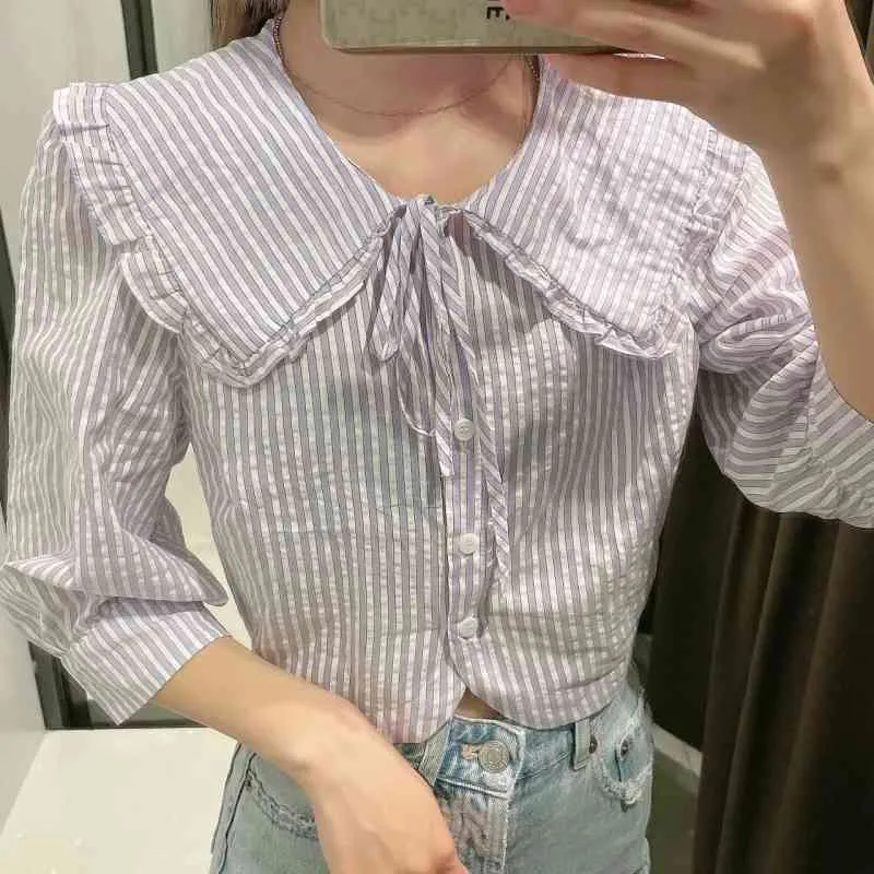 Peter Pan Collar Blouse Womens Striped 3/4 Sleeve Shirt