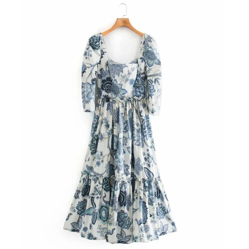 Summer Women Vintage Print Dress 3/4 Sleeve Square Collar Spliced Ruffles es Female Elegant A-Line Clothing 210513