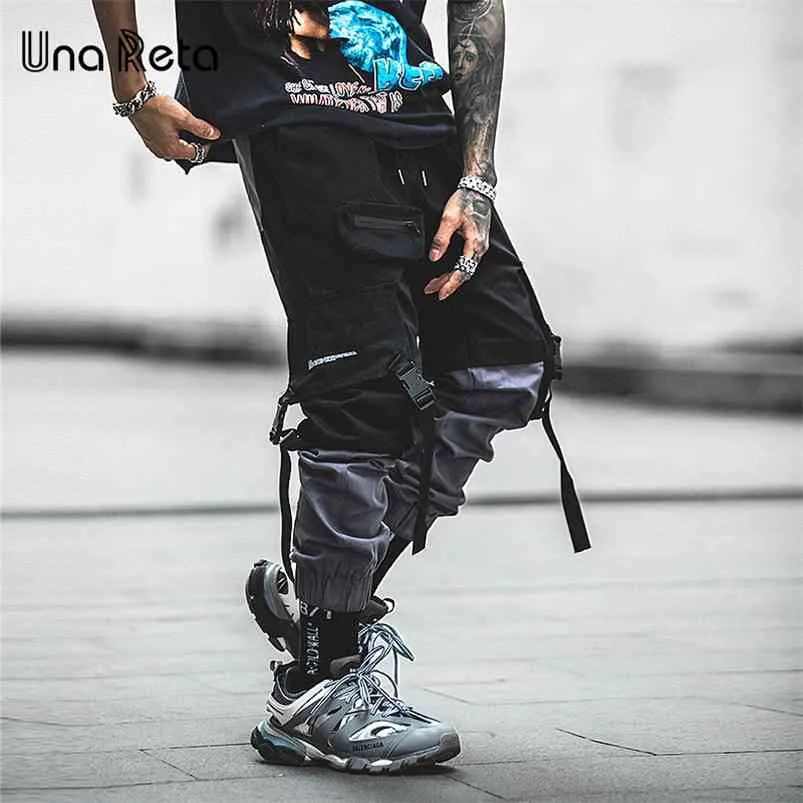 Una Reta Uomo Pantaloni Moda Streetwear Cuciture Colore Pantaloni Hip Hop Lungo Uomo Elastico in vita Cargo 210715