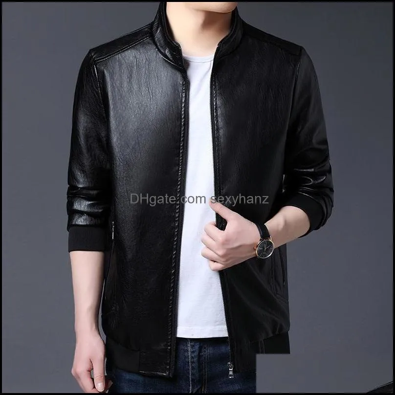 Men`s Fur & Faux Leather Jacket 2021 Korean Style Slim Handsome Stand-up Collar Casual Motorcycle