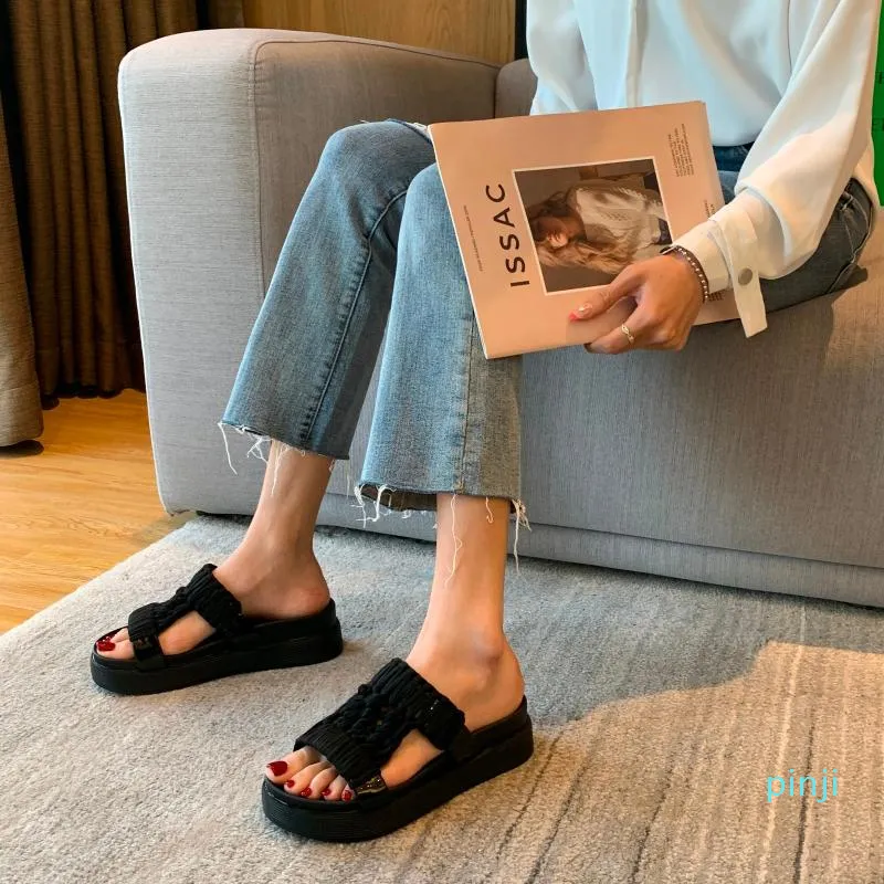 Summer Slipper Shoes For Women Sandals Flats Slippers Woman Fashion Design Knit Upper Platform Flip Flops Pumps Dress