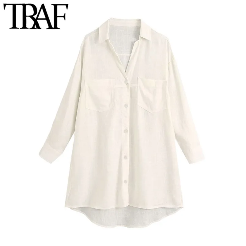 Women Fashion Pockets Oversized Linen Blouses Vintage Lapel Collar Long Cuffed Sleeves Female Shirts Chic Tops 210507