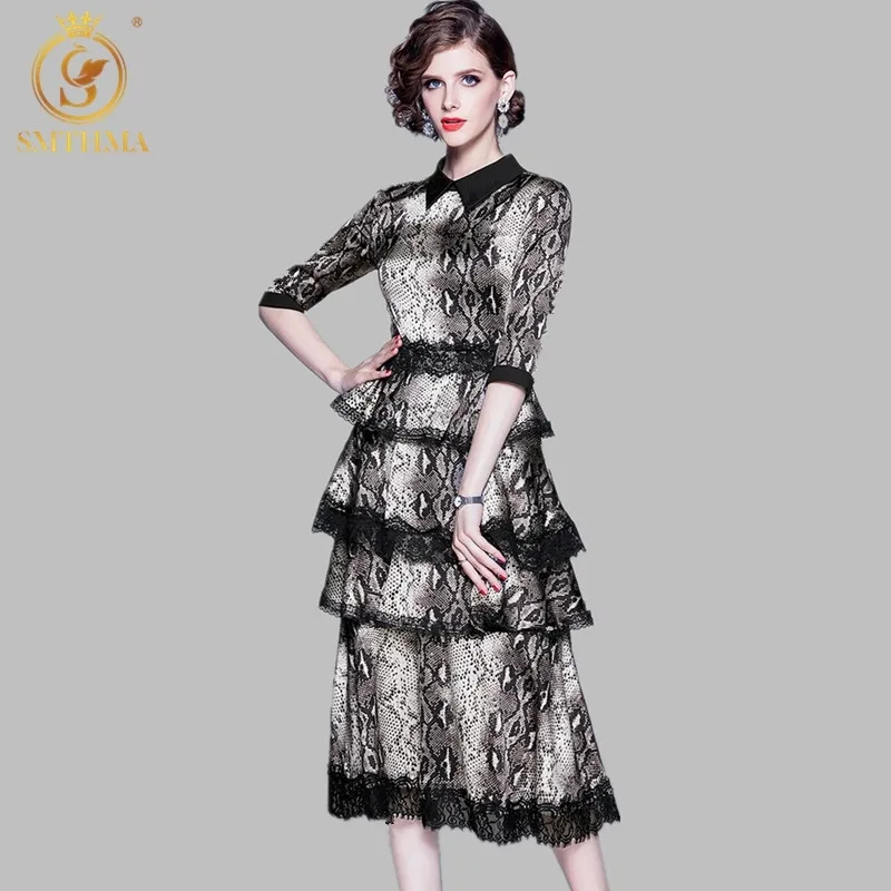 Arrival Fashion Party Dress Women Casual Tiered Ruffles Big Swing Female Snake Print Lace Patchwork Dresses Robe Femme 210520