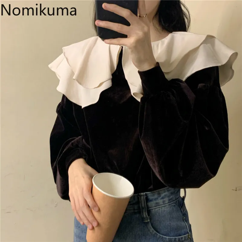 Nomikuma Peter Pan Col À Manches Longues Chemises Vintage Femmes Blusas Mujer Contraste Couleur Rétro Blouse Lady Style Coréen 3c933 210514